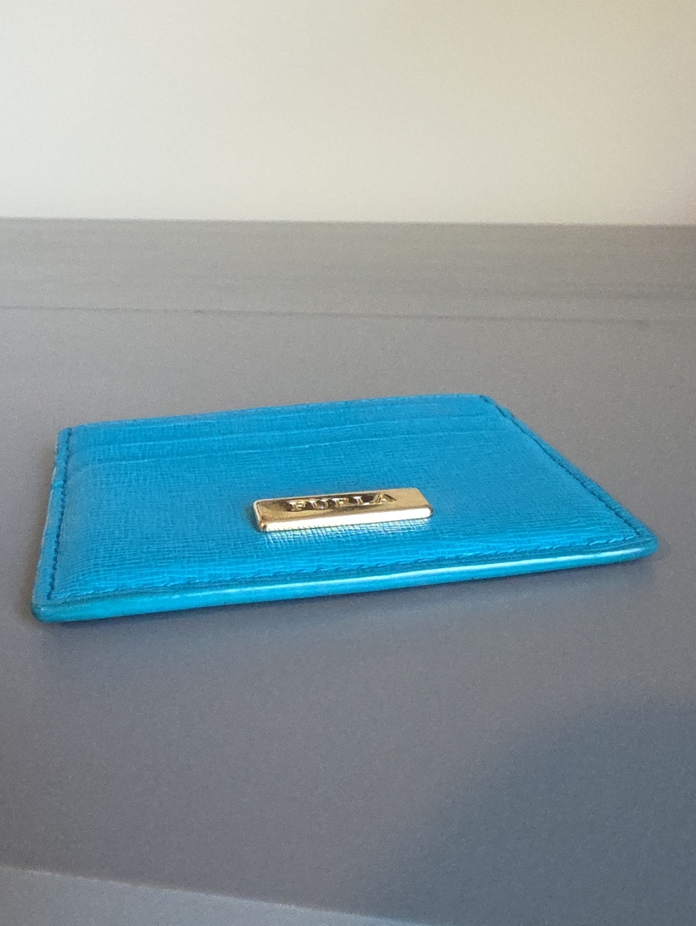FURLA Teal Card Holder with Gold Plaque - Picture 5 of 7